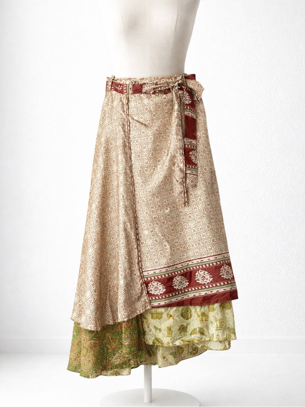 Silk Bohemian Boho Cream Silk Wrap Sari Fabric Indian A-Line Skirt S